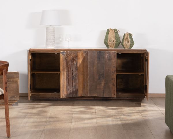 Aparador de 4 puertas de madera reciclada y encimera de mármol blanco «Mood»