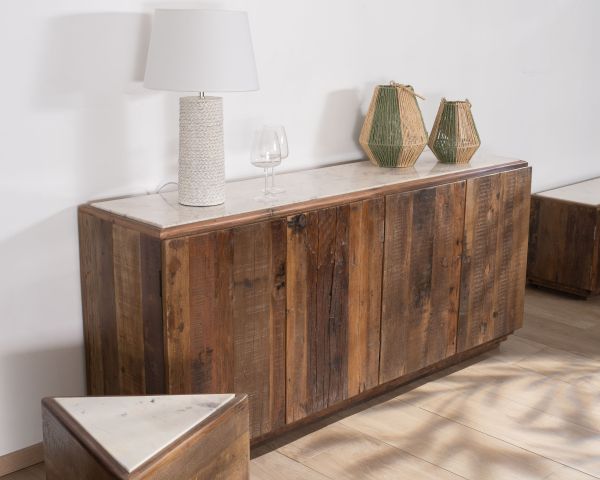 Aparador de 4 puertas de madera reciclada y encimera de mármol blanco «Mood»