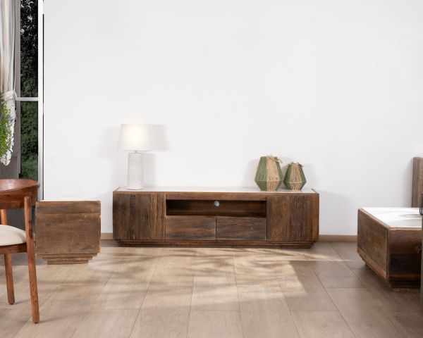 Mueble para la tele de 180 cm de madera reciclada y encimera de mármol blanco «Mood»