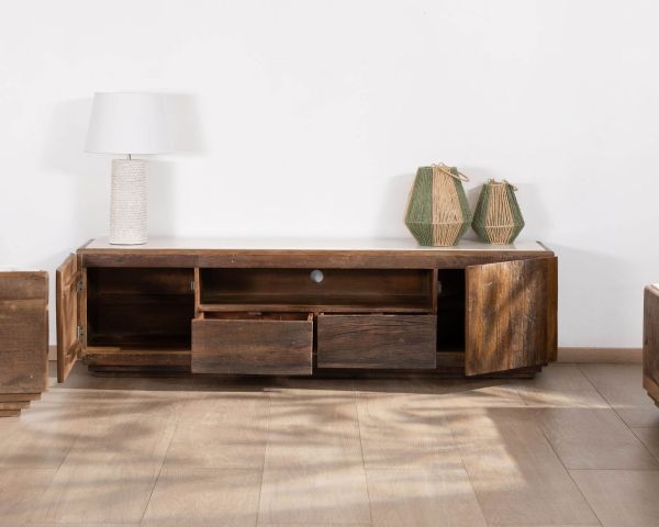 Mueble para la tele de 180 cm de madera reciclada y encimera de mármol blanco «Mood»
