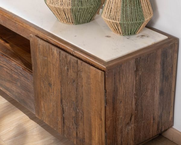 Mueble para la tele de 180 cm de madera reciclada y encimera de mármol blanco «Mood»
