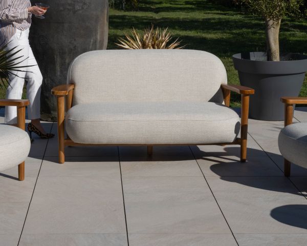 Conjunto de jardín de 3 piezas «Aristochair» de teca con tejido para exterior en blanco roto