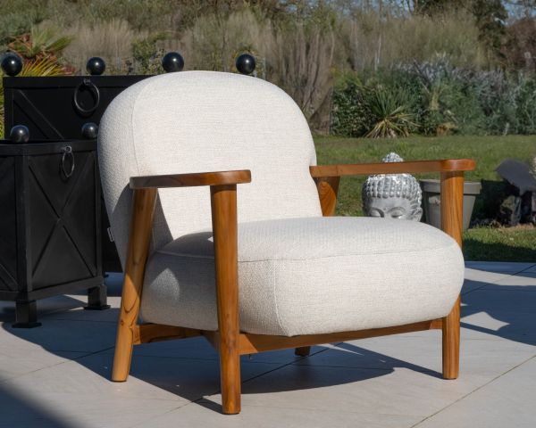 Conjunto de jardín de 3 piezas «Aristochair» de teca con tejido para exterior en blanco roto