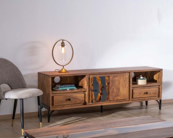 Mueble para la tele de 175 cm, estilo étnico, de madera maciza de acacia con patas de metal negro «Membatu»