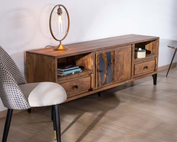 Mueble para la tele de 175 cm, estilo étnico, de madera maciza de acacia con patas de metal negro «Membatu»