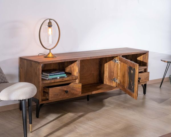Mueble para la tele de 175 cm, estilo étnico, de madera maciza de acacia con patas de metal negro «Membatu»