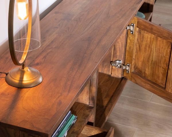 Mueble para la tele de 175 cm, estilo étnico, de madera maciza de acacia con patas de metal negro «Membatu»