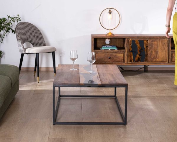 Mueble para la tele de 175 cm, estilo étnico, de madera maciza de acacia con patas de metal negro «Membatu»