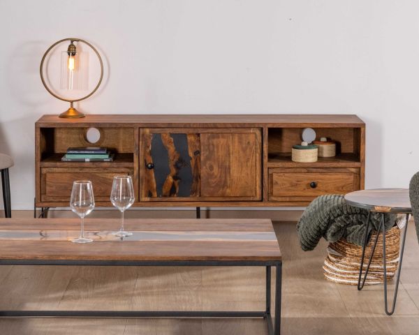 Mueble para la tele de 175 cm, estilo étnico, de madera maciza de acacia con patas de metal negro «Membatu»