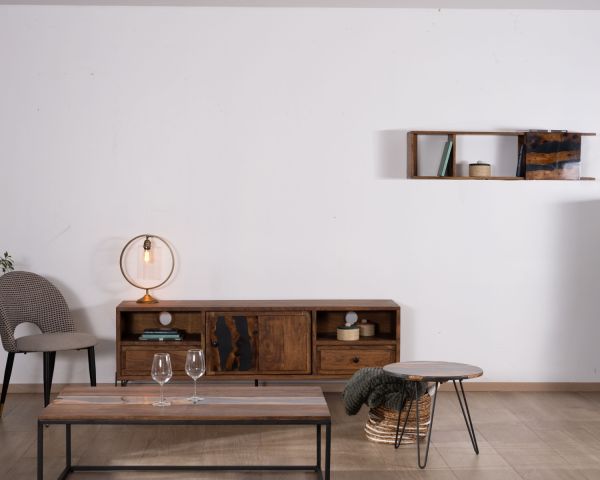 Mueble para la tele de 175 cm, estilo étnico, de madera maciza de acacia con patas de metal negro «Membatu»
