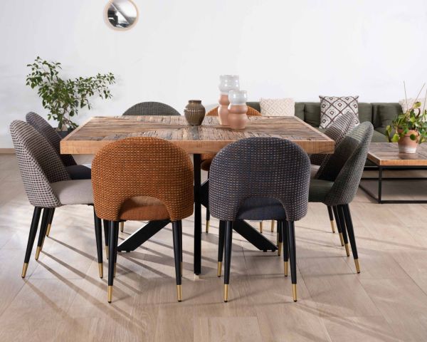 Mesa de comedor cuadrada de 140 cm de acacia, con acabado en espiga y patas cruzadas de metal negro «Géonidum»