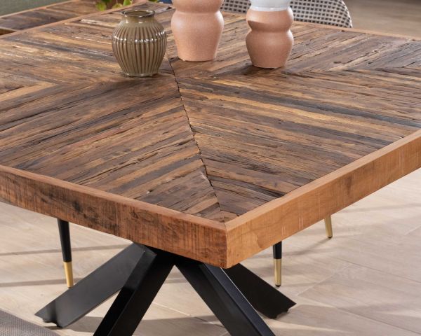 Mesa de comedor cuadrada de 140 cm de acacia, con acabado en espiga y patas cruzadas de metal negro «Géonidum»