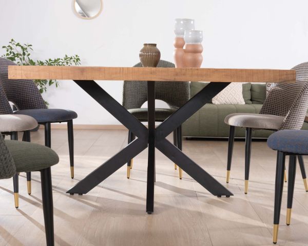 Mesa de comedor cuadrada de 140 cm de acacia, con acabado en espiga y patas cruzadas de metal negro «Géonidum»