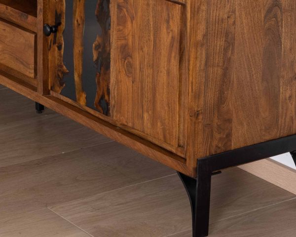 Mueble de televisión grande de 200 cm de estilo étnico con motivo de resina «Membatu», de acacia maciza y con patas de metal