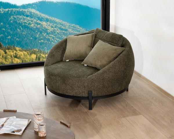 Sillón redondo XL ultracómodo en tejido de rizo verde caqui «Sweet Culture» con varios cojines a juego