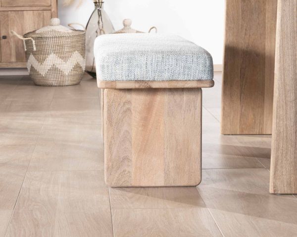 Elegante y cómodo banco de 120 cm de madera de mango con asiento acolchado de tela gris jaspeada «Maestro»