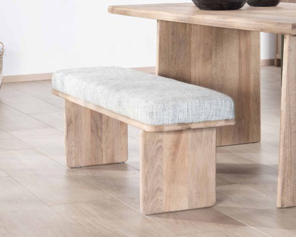 Elegante y cómodo banco de 120 cm de madera de mango con asiento acolchado de tela gris jaspeada «Maestro»