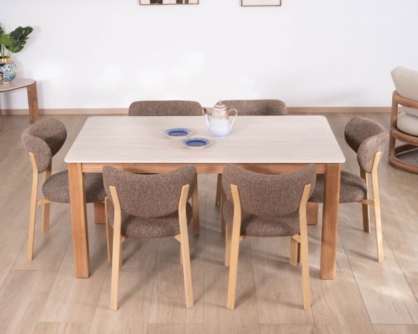 Mesa de comedor de estilo rústico-elegante «Arvik», de teca maciza y cerámica con efecto travertino, 160 cm