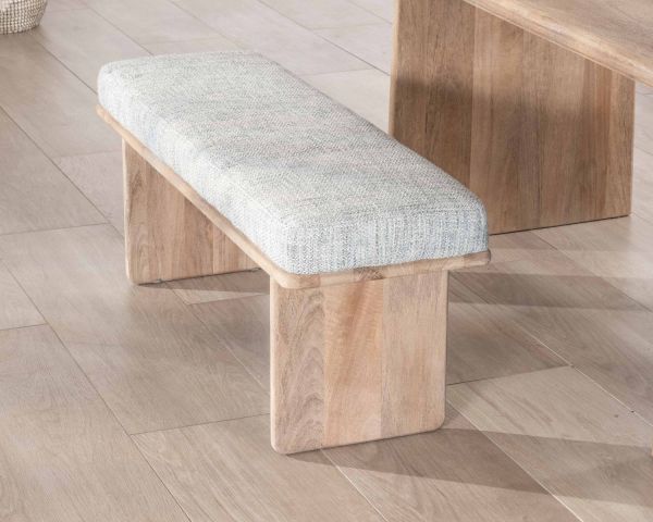 Elegante y cómodo banco de 120 cm de madera de mango con asiento acolchado de tela gris jaspeada «Maestro»