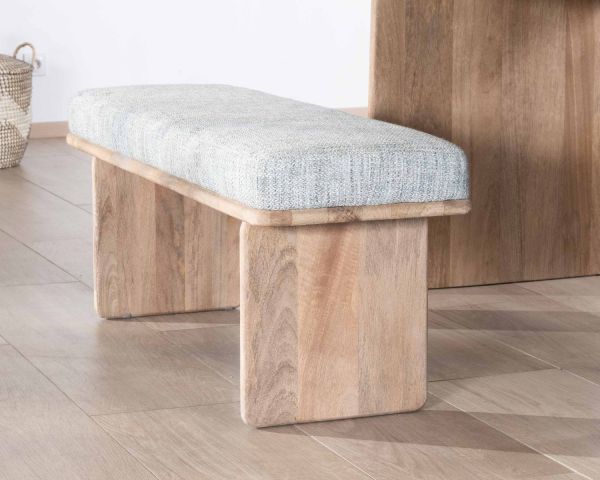 Elegante y cómodo banco de 120 cm de madera de mango con asiento acolchado de tela gris jaspeada «Maestro»