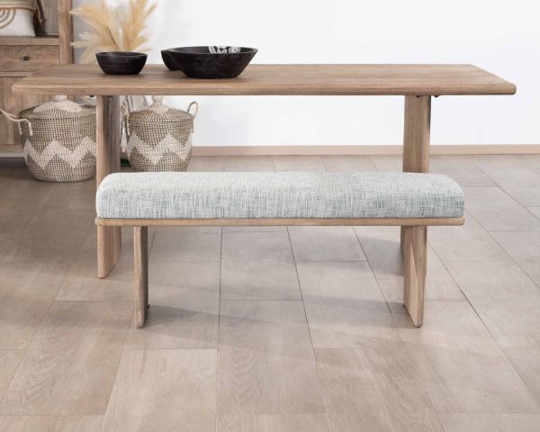 Elegante y cómodo banco de 120 cm de madera de mango con asiento acolchado de tela gris jaspeada «Maestro»