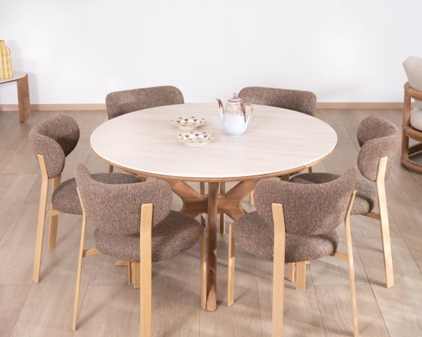 Mesa redonda para interior o exterior de 130 cm «Elsen», de teca maciza con tablero de cerámica con efecto travertino
