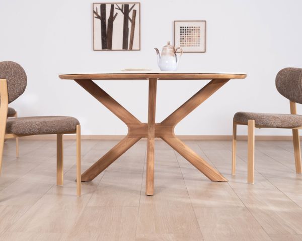 Mesa redonda para interior o exterior de 130 cm «Elsen», de teca maciza con tablero de cerámica con efecto travertino