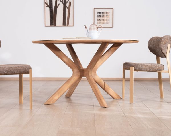 Mesa redonda para interior o exterior de 130 cm «Elsen», de teca maciza con tablero de cerámica con efecto travertino