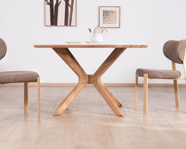 Mesa redonda para interior o exterior de 130 cm «Elsen», de teca maciza con tablero de cerámica con efecto travertino