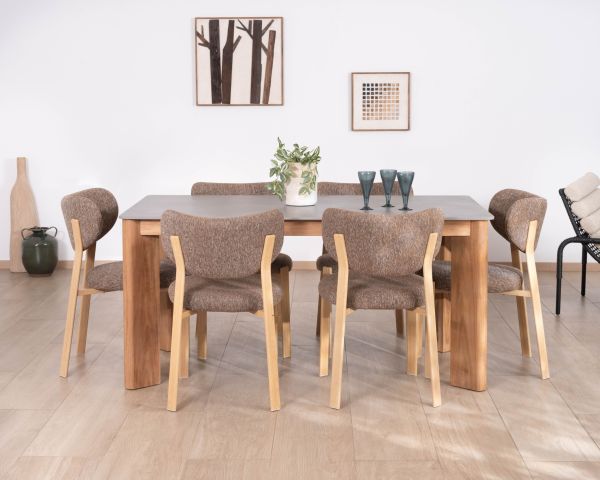 Mesa de comedor de 200 cm con tablero de cerámica gris con efecto hormigón «Merik» de teca maciza