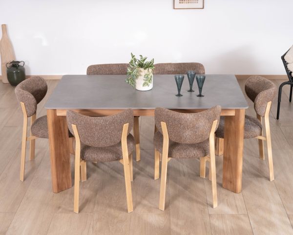 Mesa de comedor de 200 cm con tablero de cerámica gris con efecto hormigón «Merik» de teca maciza