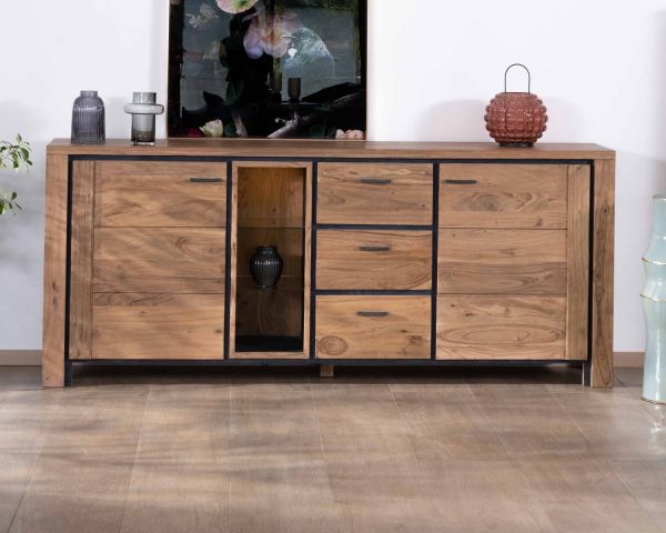 Gran aparador de 215 cm de madera maciza de acacia con relieves negros, cajones y un hueco con estantes acristalados «Fantaisie»
