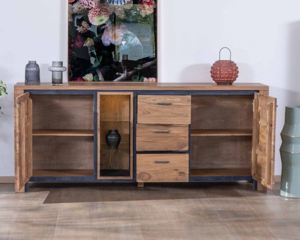 Gran aparador de 215 cm de madera maciza de acacia con relieves negros, cajones y un hueco con estantes acristalados «Fantaisie»