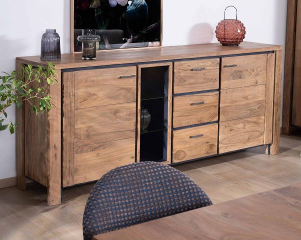 Gran aparador de 215 cm de madera maciza de acacia con relieves negros, cajones y un hueco con estantes acristalados «Fantaisie»