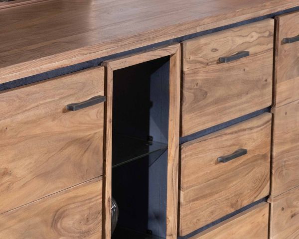 Gran aparador de 215 cm de madera maciza de acacia con relieves negros, cajones y un hueco con estantes acristalados «Fantaisie»