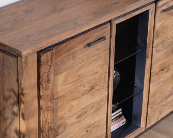 Gran aparador de 215 cm de madera maciza de acacia con relieves negros, cajones y un hueco con estantes acristalados «Fantaisie»