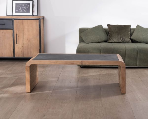 Mesa de centro de diseño retro con tablero de chapa de piedra «Pikto»