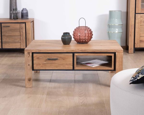 Mesa de salón rectangular reversible de acacia maciza con cajones y ribete negro «Fantaisie», 110 cm