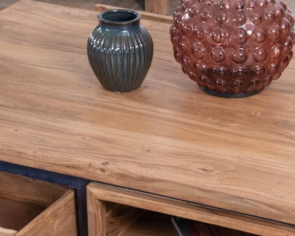 Mesa de salón rectangular reversible de acacia maciza con cajones y ribete negro «Fantaisie», 110 cm