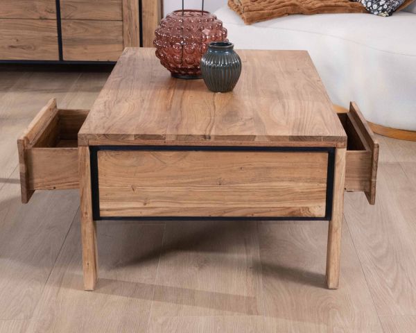 Mesa de salón rectangular reversible de acacia maciza con cajones y ribete negro «Fantaisie», 110 cm