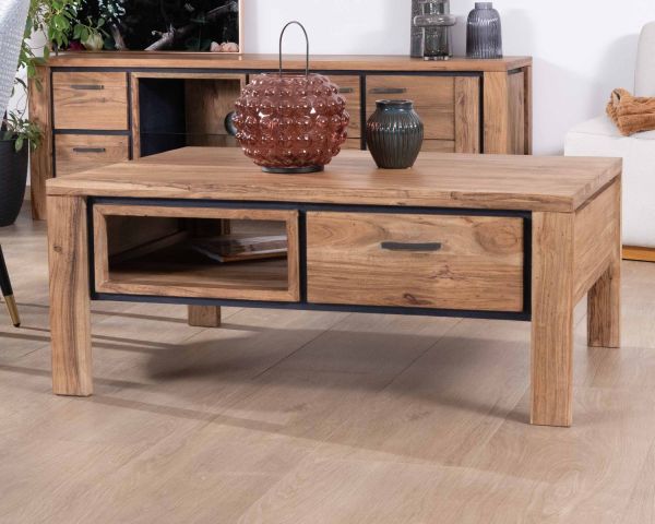 Mesa de salón rectangular reversible de acacia maciza con cajones y ribete negro «Fantaisie», 110 cm