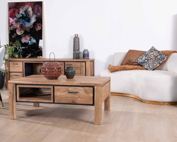 Mesa de salón rectangular reversible de acacia maciza con cajones y ribete negro «Fantaisie», 110 cm