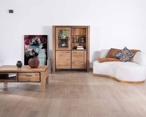 Mesa de salón rectangular reversible de acacia maciza con cajones y ribete negro «Fantaisie», 110 cm