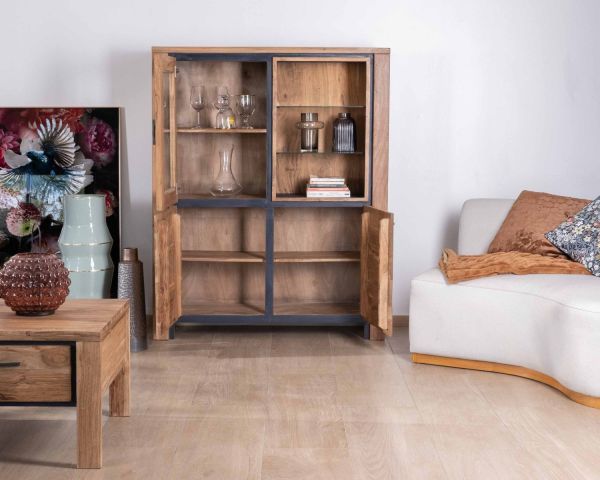 Aparador contemporáneo de acacia maciza con relieve negro, 3 puertas y un hueco con estantes de cristal «Fantaisie»