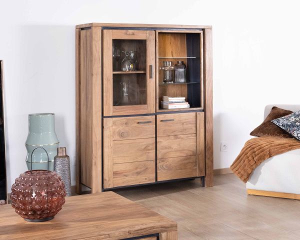 Aparador contemporáneo de acacia maciza con relieve negro, 3 puertas y un hueco con estantes de cristal «Fantaisie»