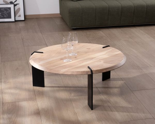 Mesa de centro redonda de diseño, de madera de acacia y con tres patas de metal negro «Shelley»