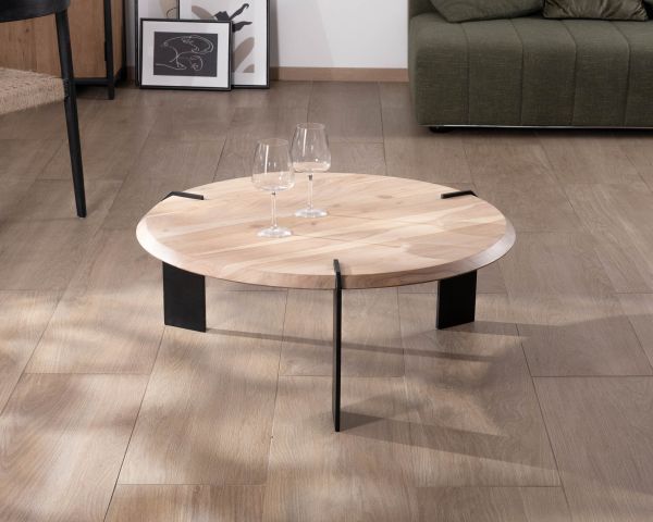 Mesa de centro redonda de diseño, de madera de acacia y con tres patas de metal negro «Shelley»