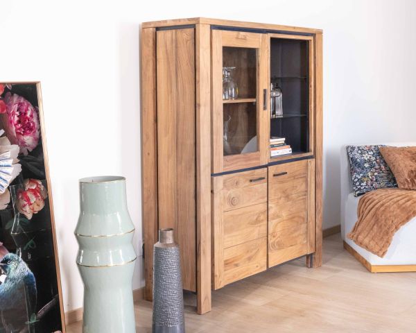 Aparador contemporáneo de acacia maciza con relieve negro, 3 puertas y un hueco con estantes de cristal «Fantaisie»