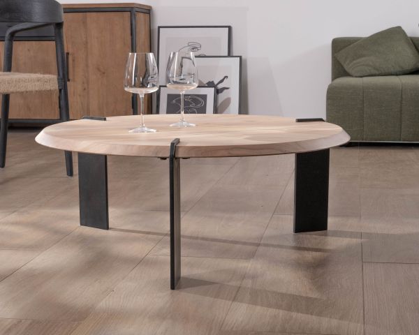 Mesa de centro redonda de diseño, de madera de acacia y con tres patas de metal negro «Shelley»