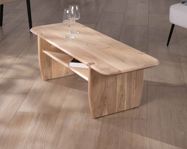 Mesa de salón de diseño minimalista en madera de acacia con hueco «Trudy» de 120 cm